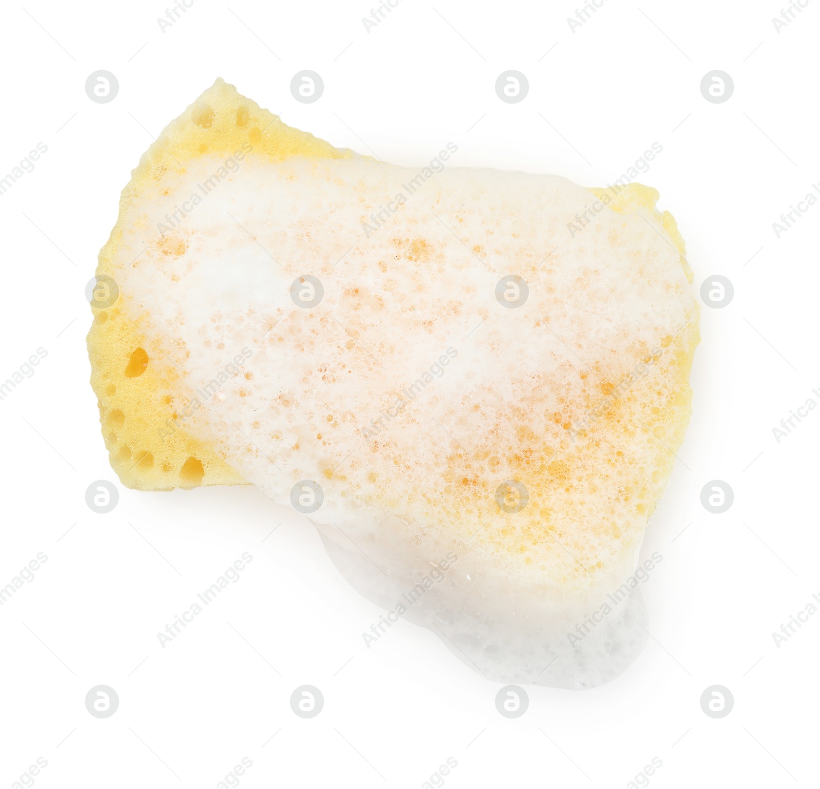 Photo of One yellow sponge with foam isolated on white, top view