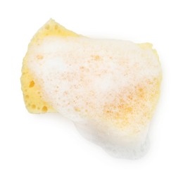 Photo of One yellow sponge with foam isolated on white, top view