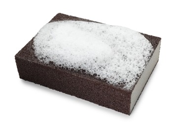 Photo of One brown sponge with foam isolated on white