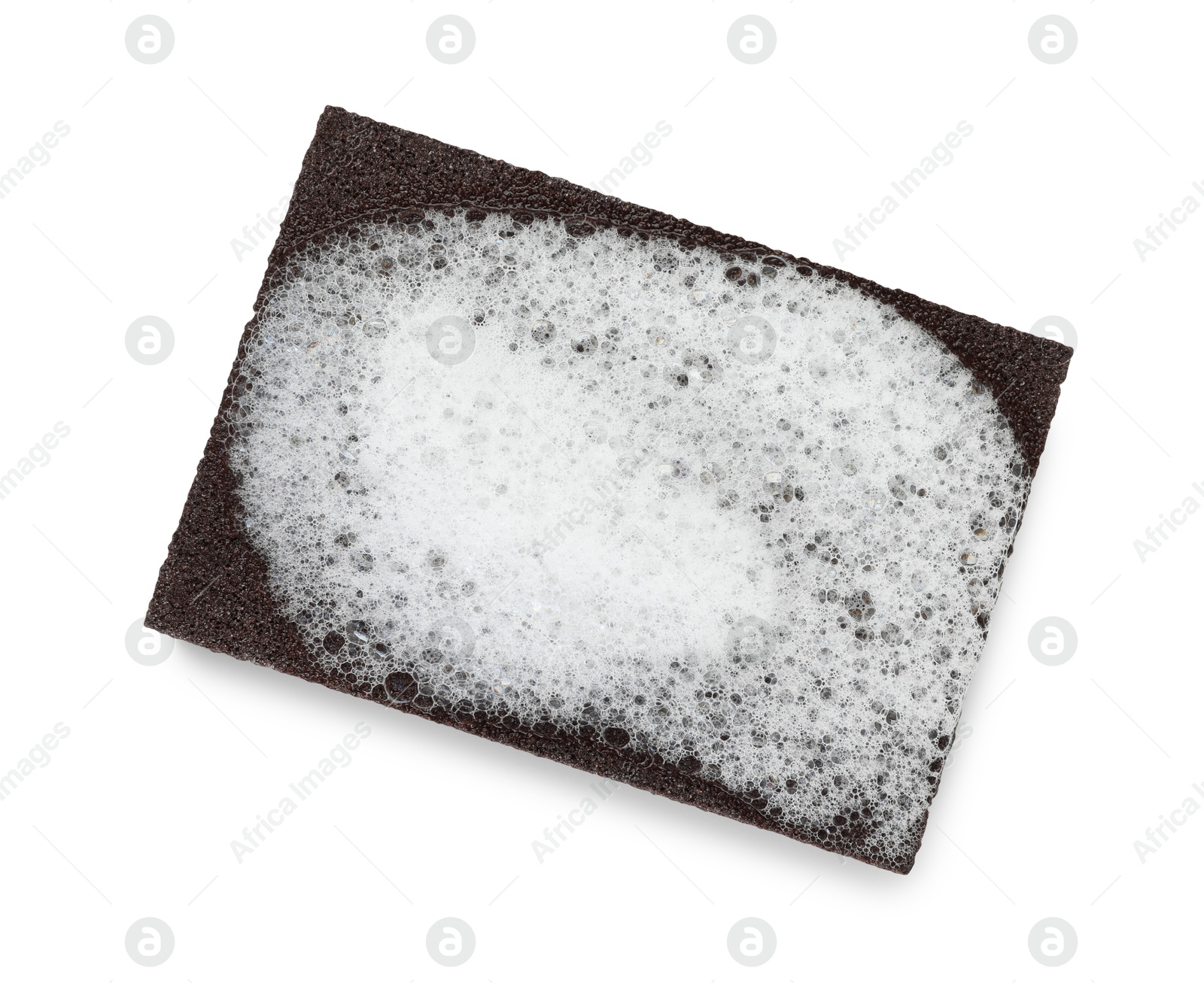 Photo of One brown sponge with foam isolated on white, top view