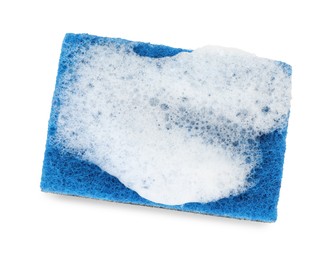 Photo of One sponge with foam isolated on white, top view