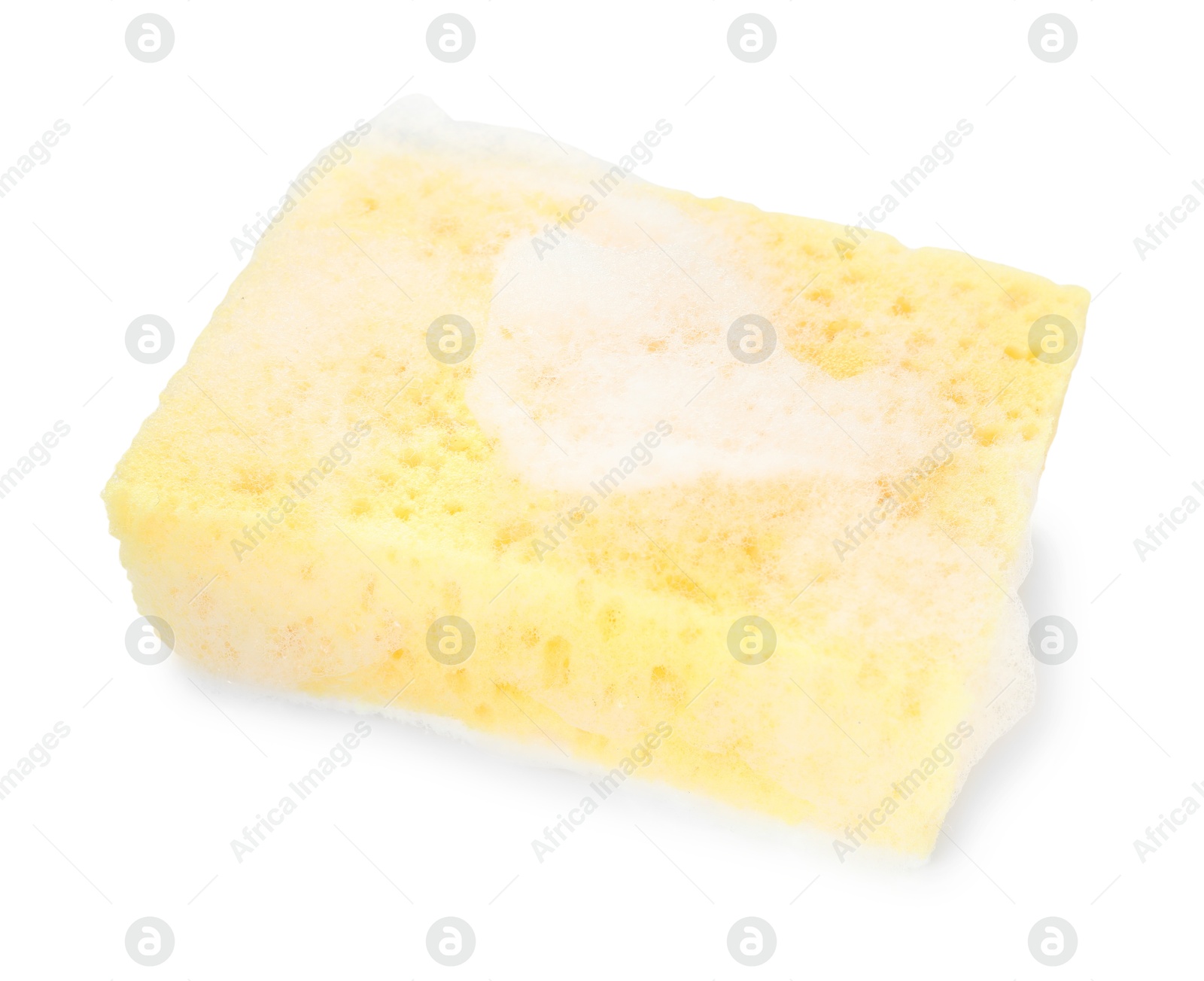 Photo of One yellow sponge with foam isolated on white