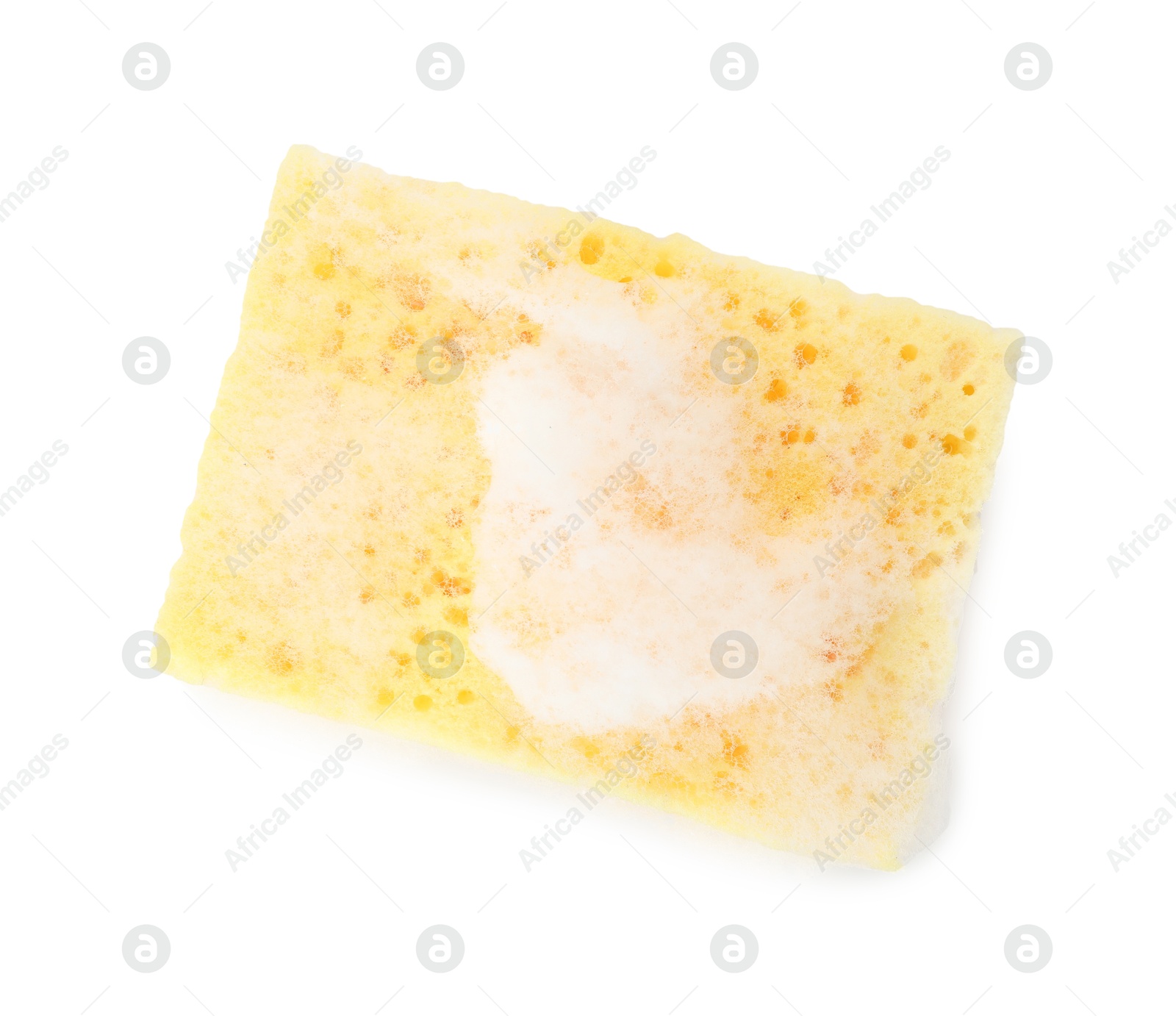 Photo of One yellow sponge with foam isolated on white, top view