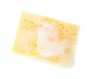 Photo of One yellow sponge with foam isolated on white, top view