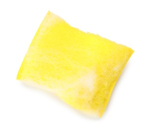 Photo of One yellow sponge isolated on white, top view