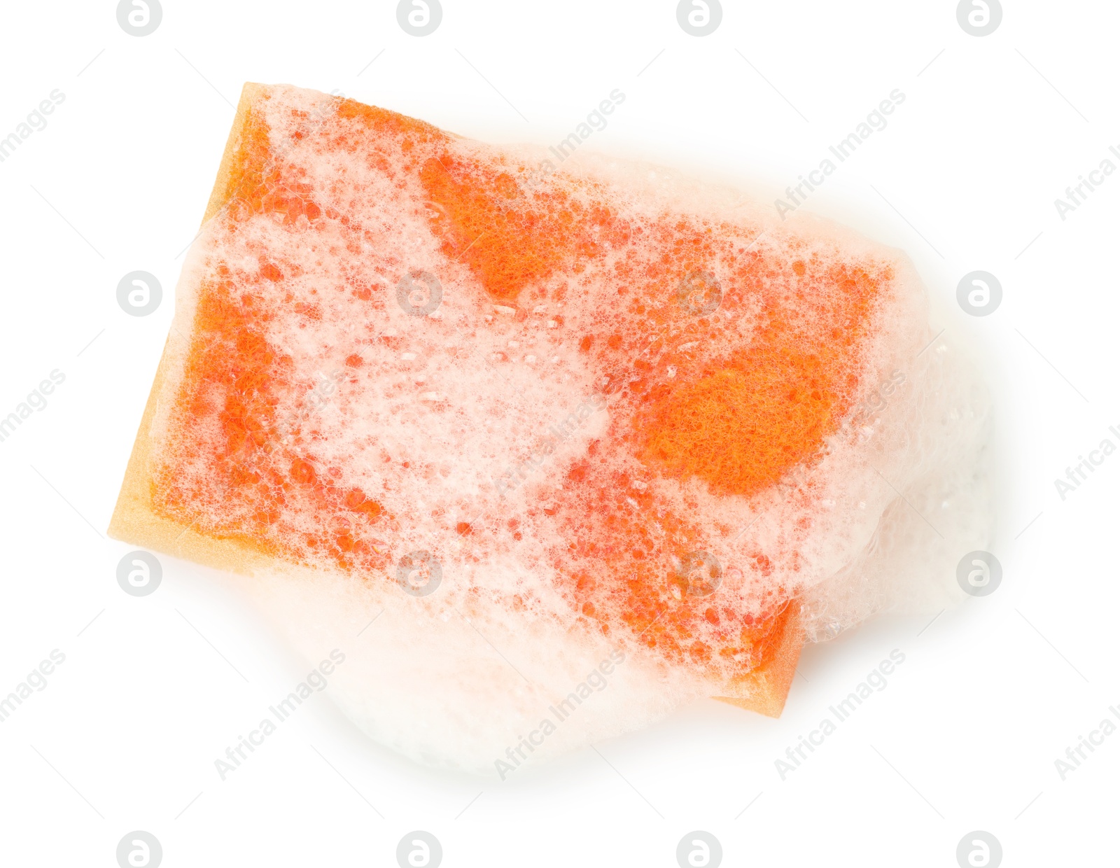 Photo of One sponge with foam isolated on white, top view