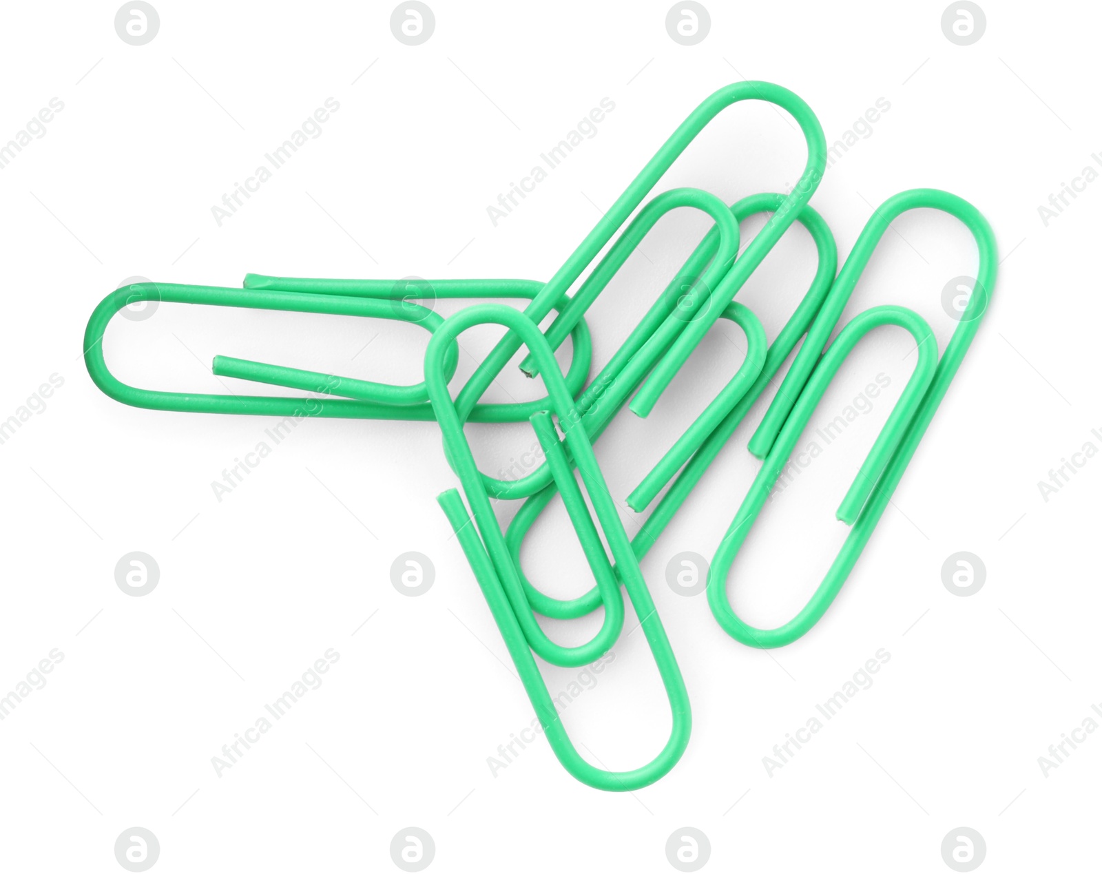 Photo of Green paper clips isolated on white, top view