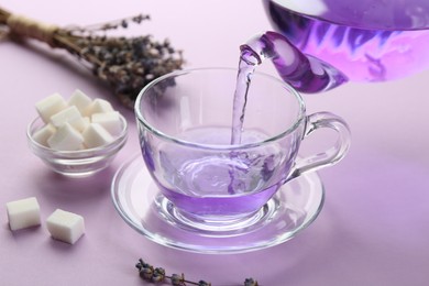 Photo of Pouring lavender tea into glass cup on lilac background, closeup