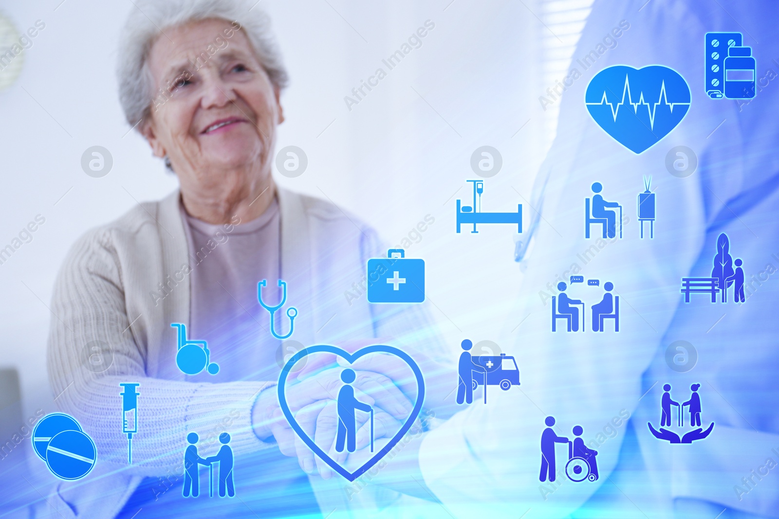 Image of Home care. Senior woman and doctor indoors. Healthcare icons