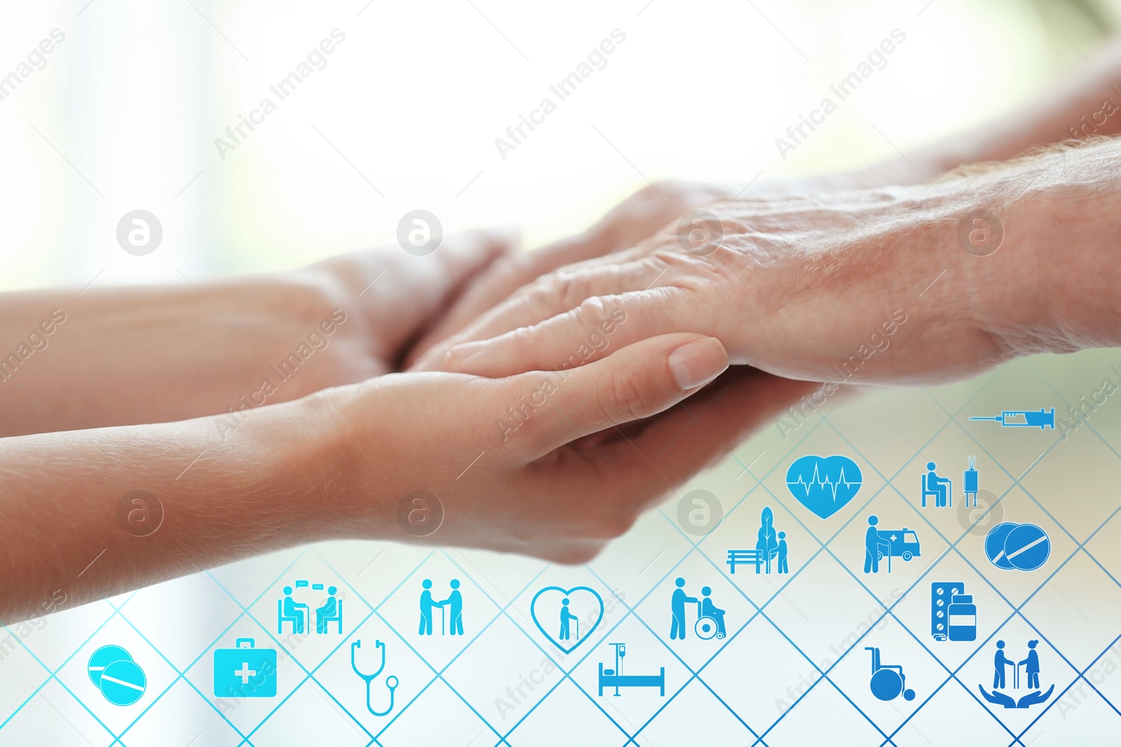 Image of Caregiver and elderly man against blurred background, closeup of hands. Healthcare icons