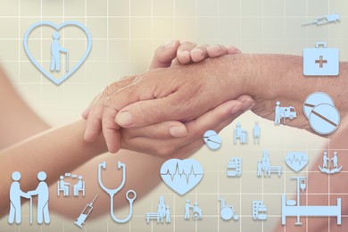 Image of Caregiver and elderly woman on beige background, closeup of hands. Healthcare icons