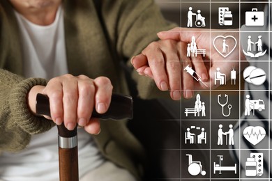 Image of Caregiver and elderly woman, closeup. Healthcare icons