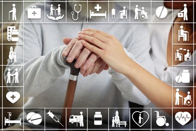 Image of Caregiver and elderly man, closeup. Healthcare icons