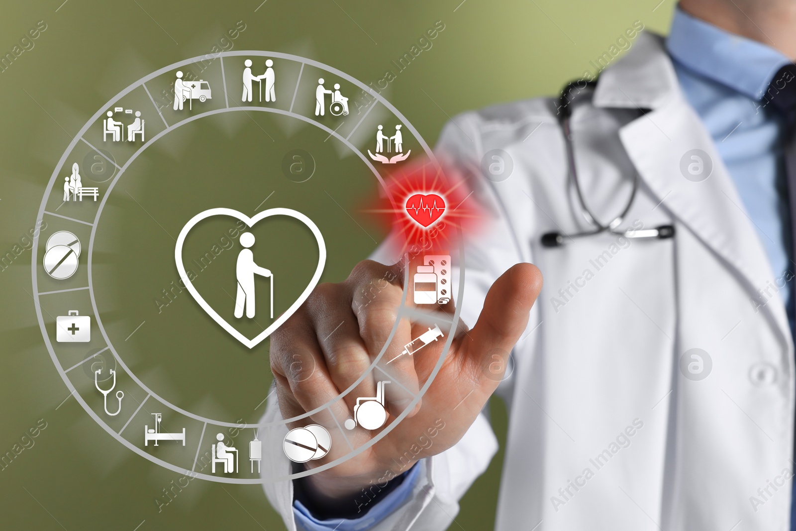 Image of Doctor using virtual screen with healthcare icons on olive color background, closeup