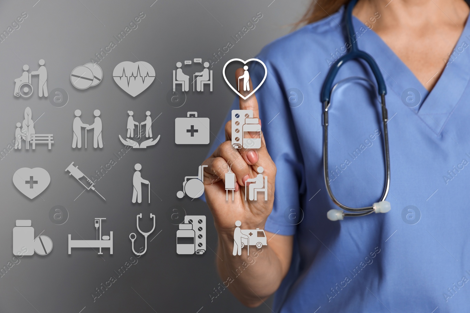 Image of Doctor using virtual screen with healthcare icons on grey background, closeup