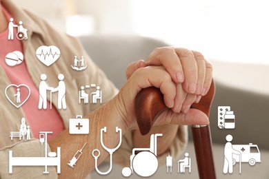 Image of Senior woman with walking cane indoors, closeup. Healthcare icons