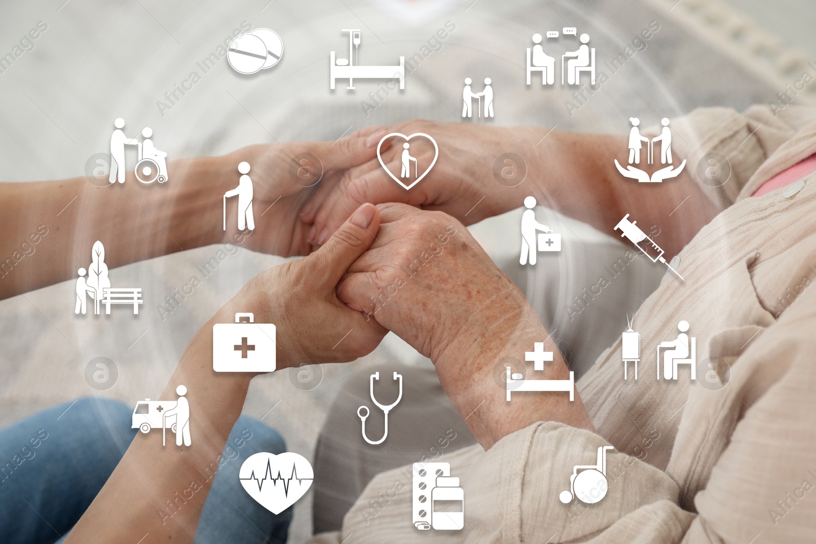 Image of Caregiver and elderly woman against blurred background, closeup of hands. Healthcare icons