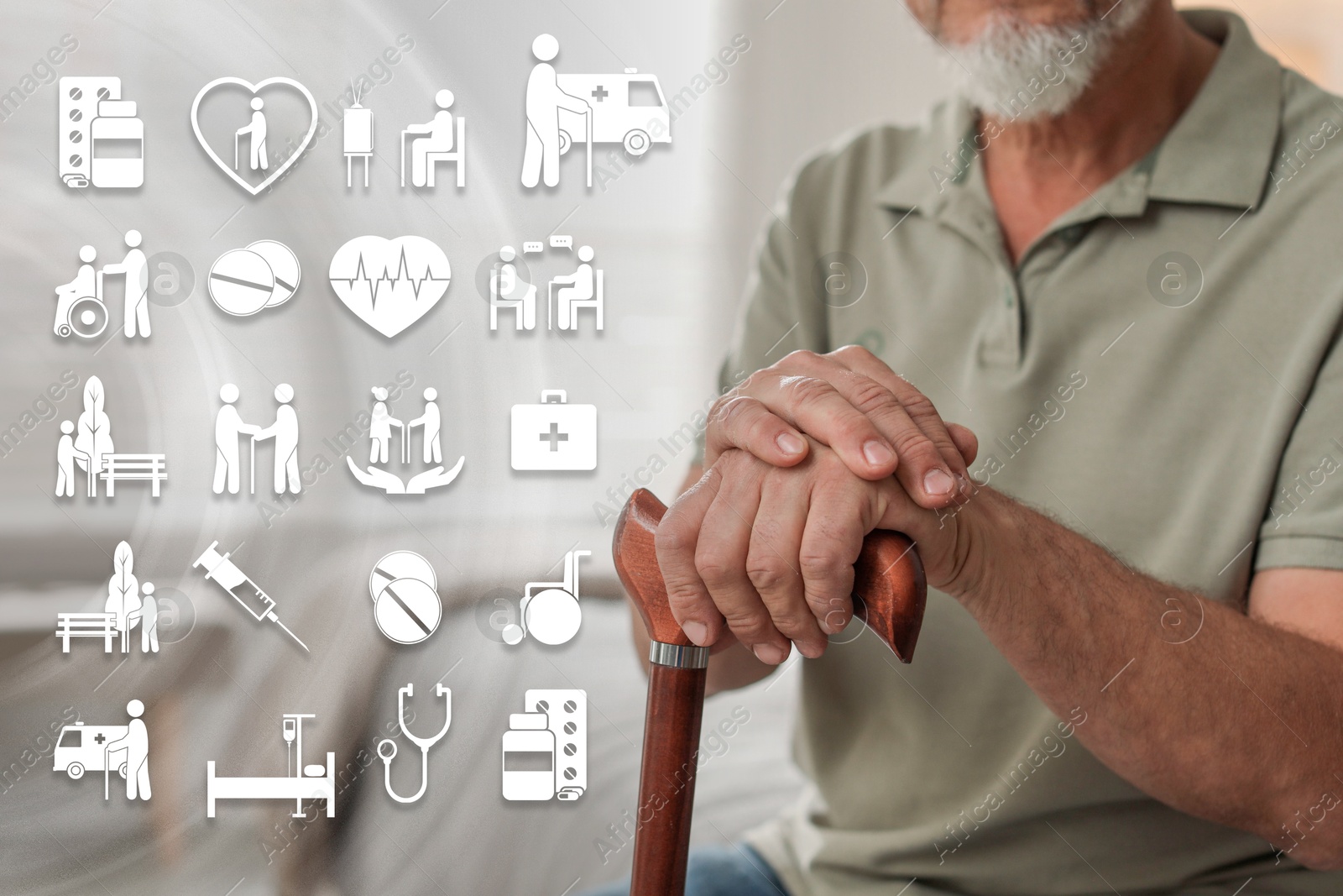 Image of Senior man with walking cane indoors, closeup. Healthcare icons