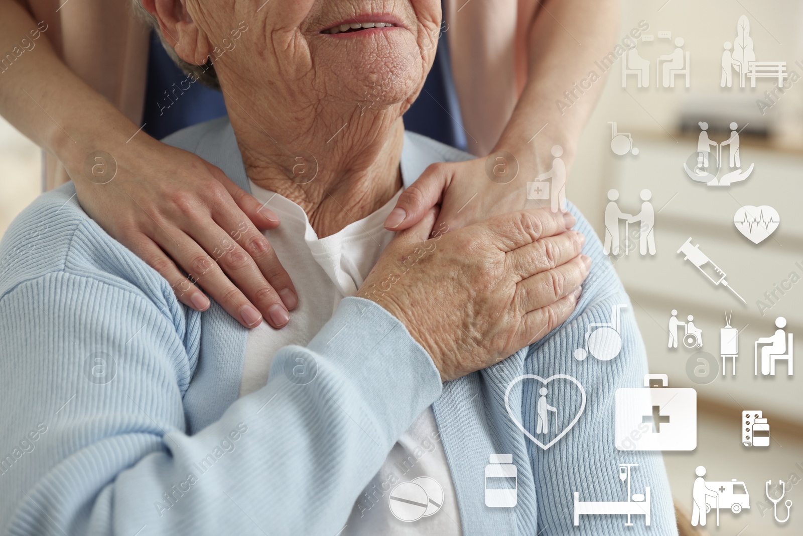 Image of Caregiver and elderly woman against blurred background, closeup. Healthcare icons