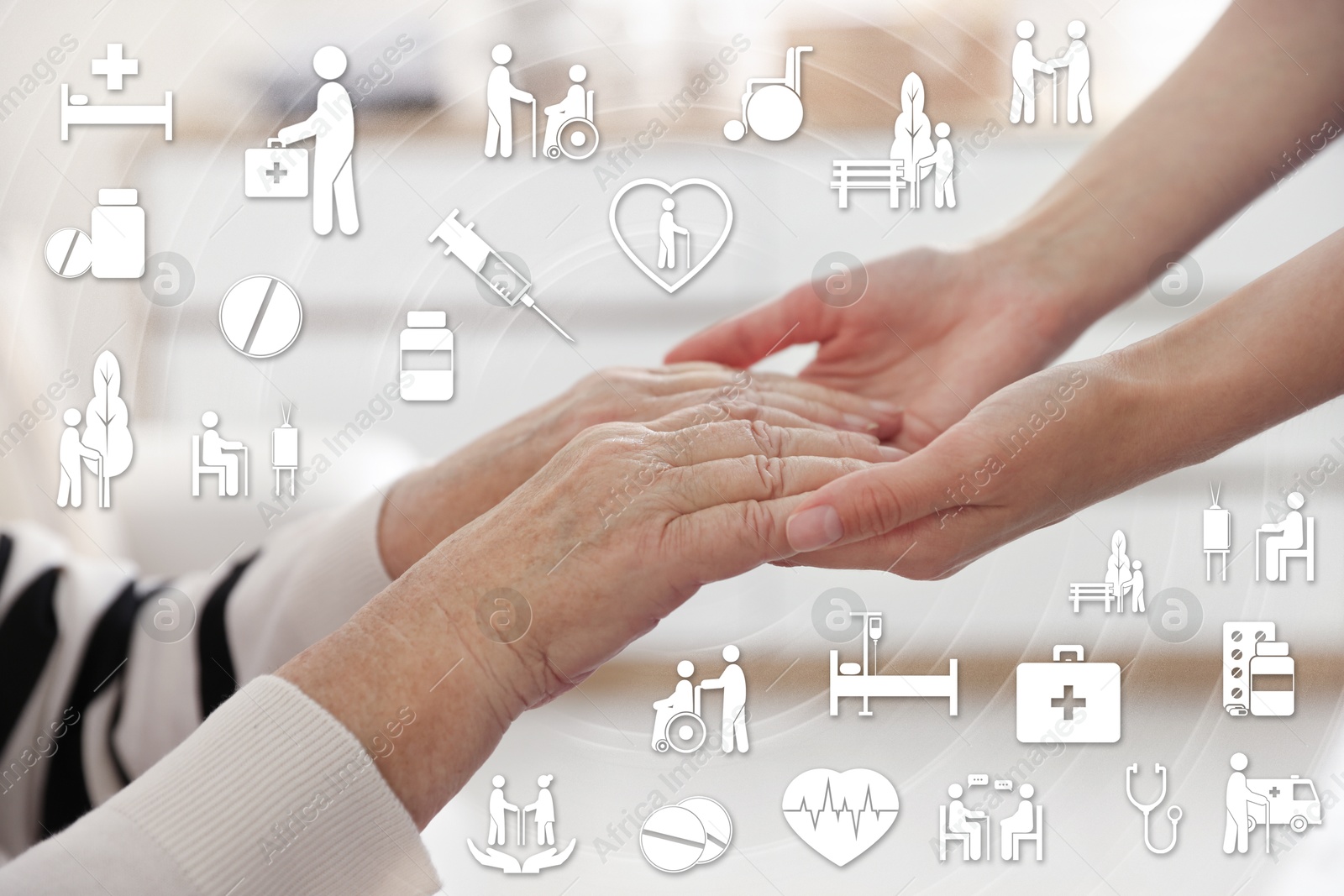 Image of Caregiver and elderly woman against blurred background, closeup of hands. Healthcare icons