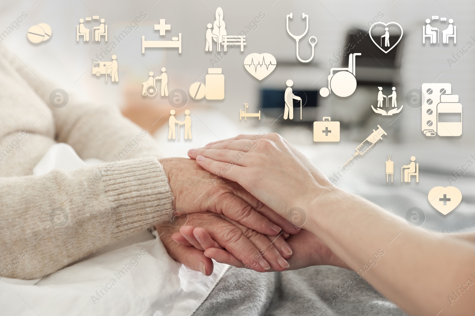 Image of Caregiver and elderly woman against blurred background, closeup of hands. Healthcare icons