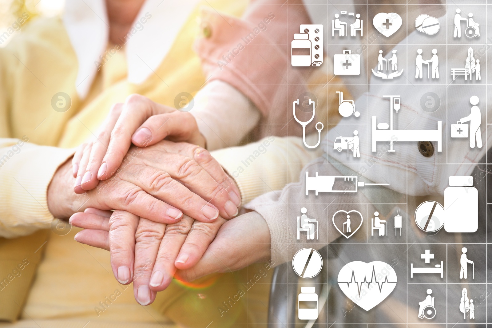 Image of Caregiver and elderly woman outdoors, closeup of hands. Healthcare icons