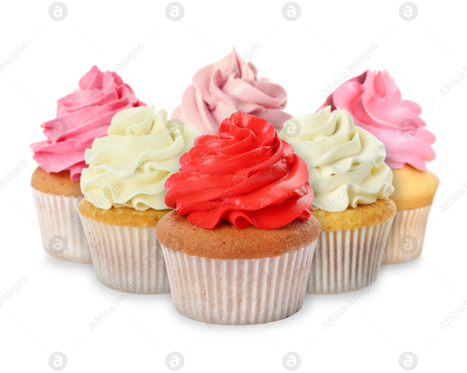 Image of Delicious cupcakes with colorful cream isolated on white