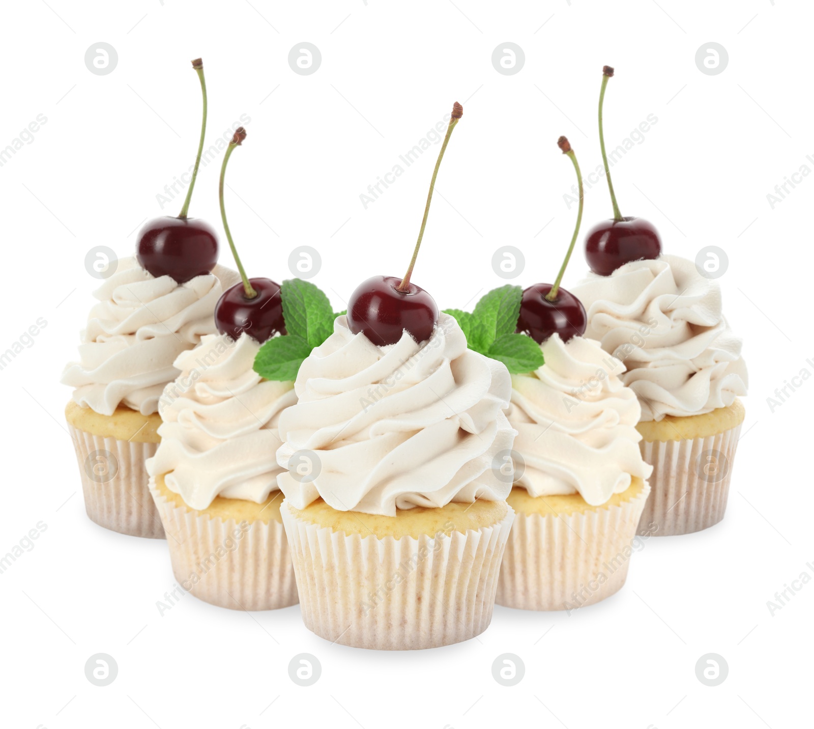 Image of Delicious cupcakes with cherries isolated on white