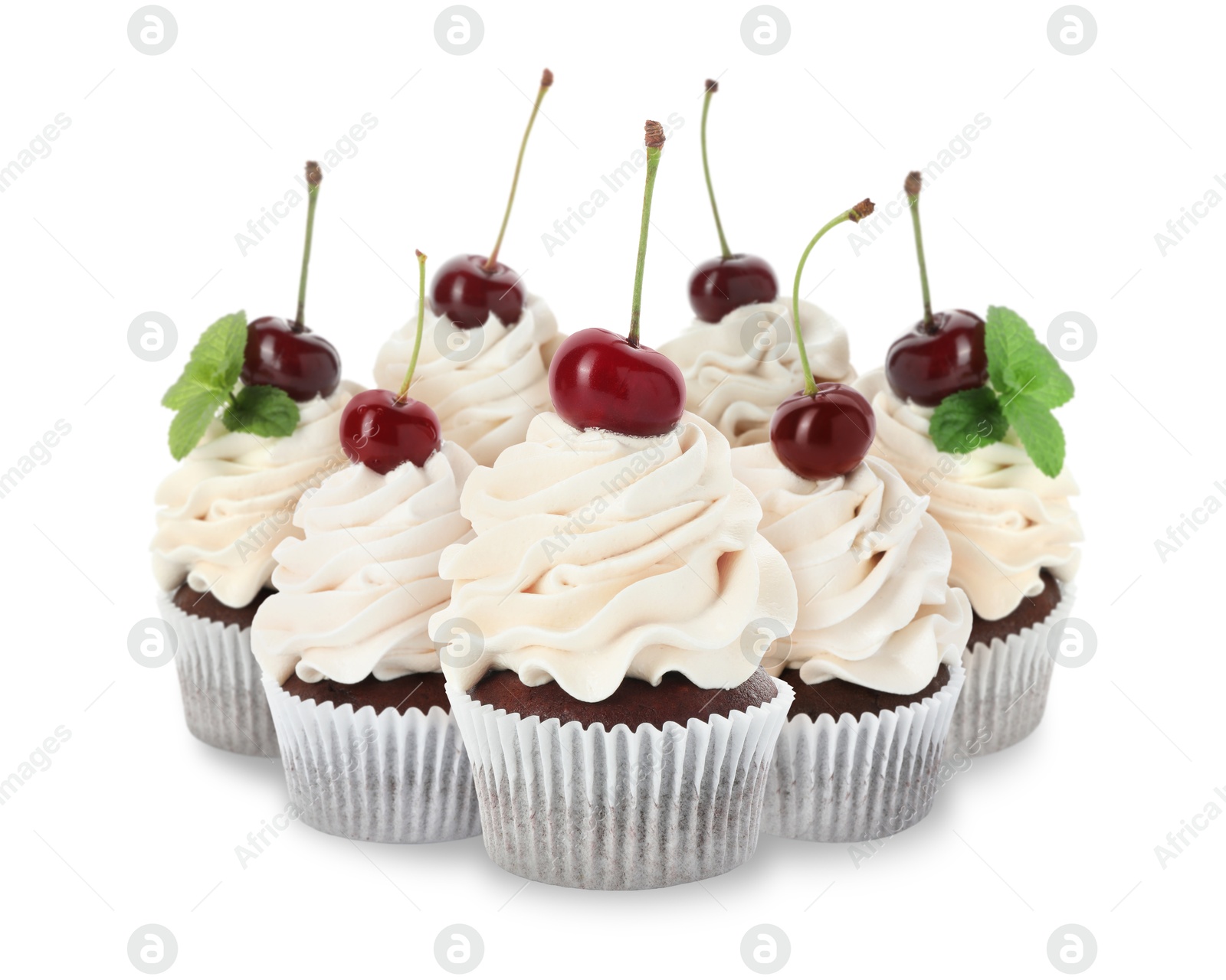 Image of Delicious cupcakes with cherries isolated on white