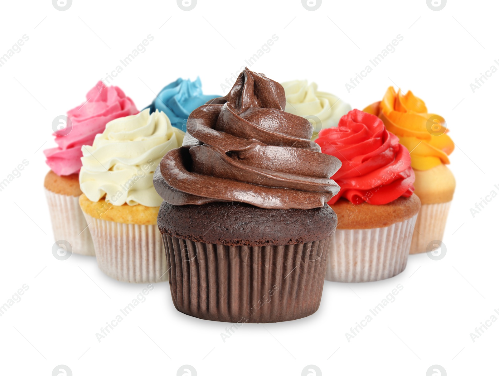 Image of Delicious cupcakes with colorful cream isolated on white