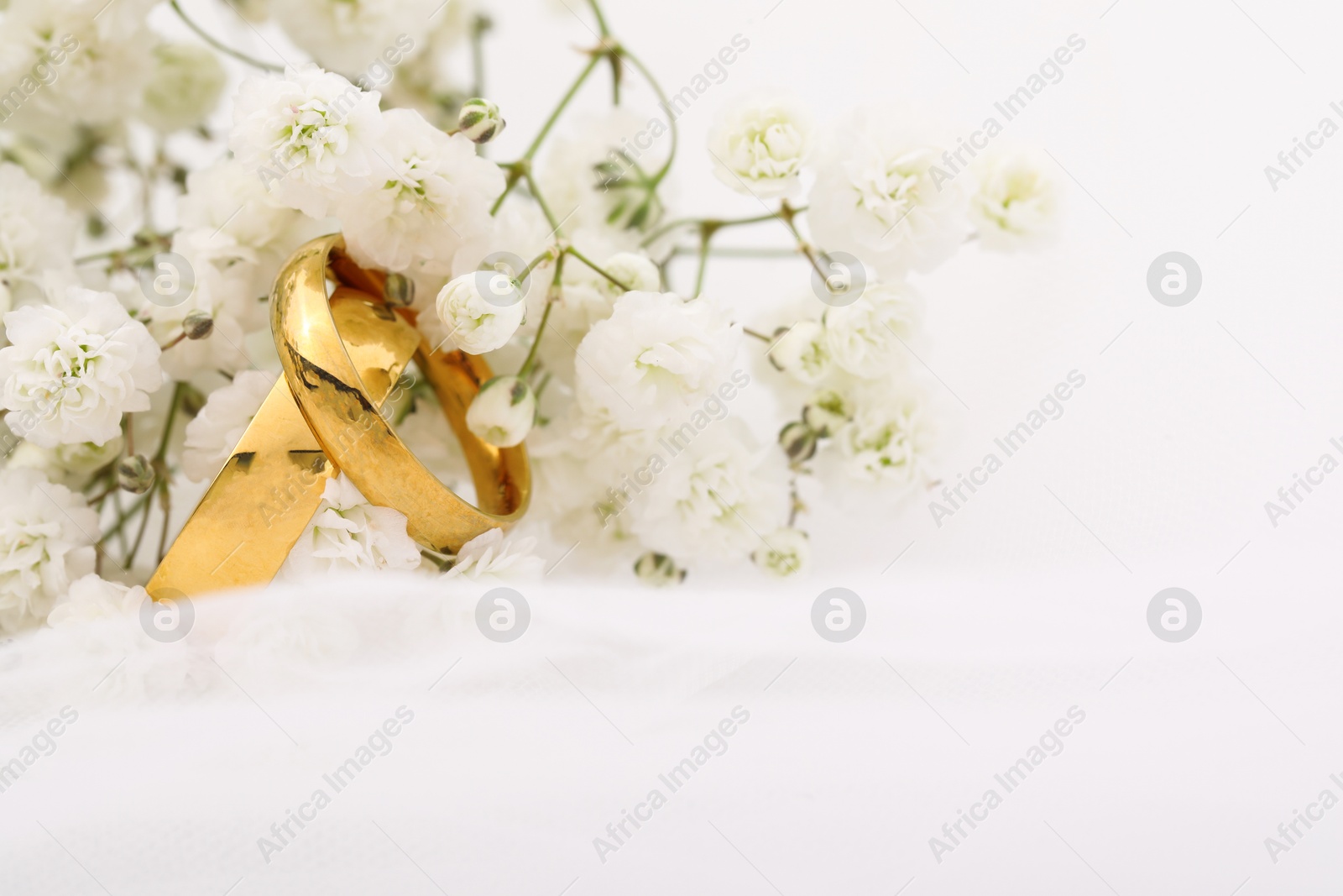 Photo of Golden wedding rings, veil and flowers on blurred background, closeup. Space for text