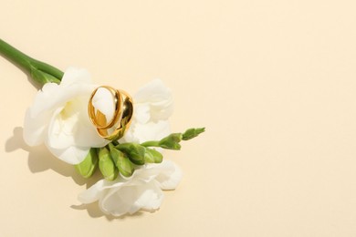 Photo of Golden wedding rings and flowers on beige background, space for text