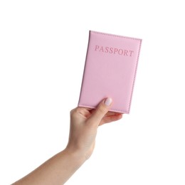 Photo of Woman holding passport in pink cover on white background, closeup