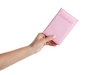 Photo of Woman holding passport in pink cover on white background, closeup