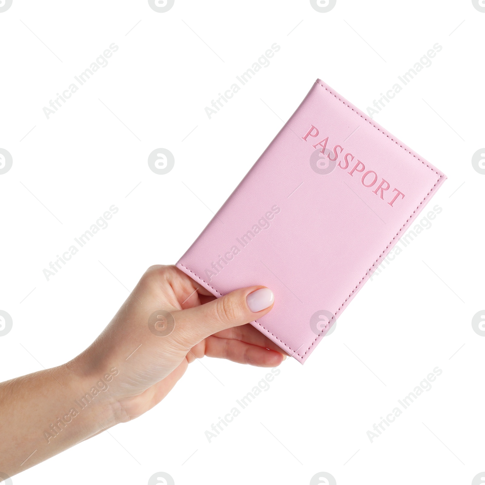 Photo of Woman holding passport in pink cover on white background, closeup