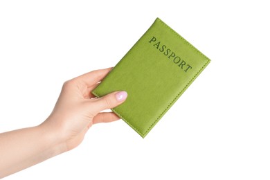 Photo of Woman holding passport in green cover on white background, closeup