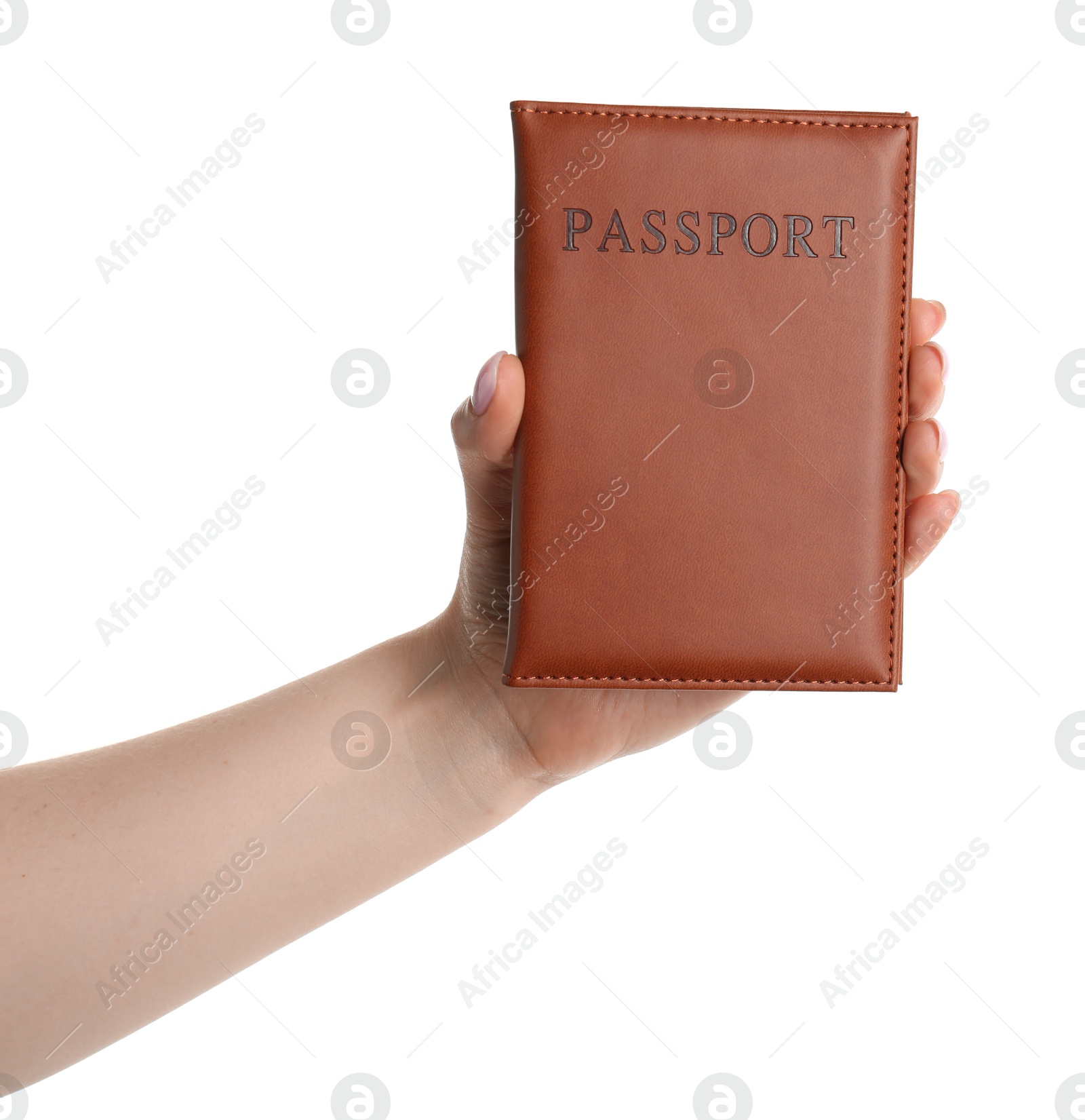 Photo of Woman holding passport in brown cover on white background, closeup