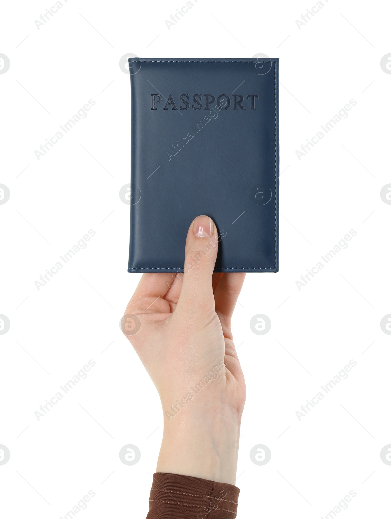 Photo of Woman holding passport in dark blue cover on white background, closeup