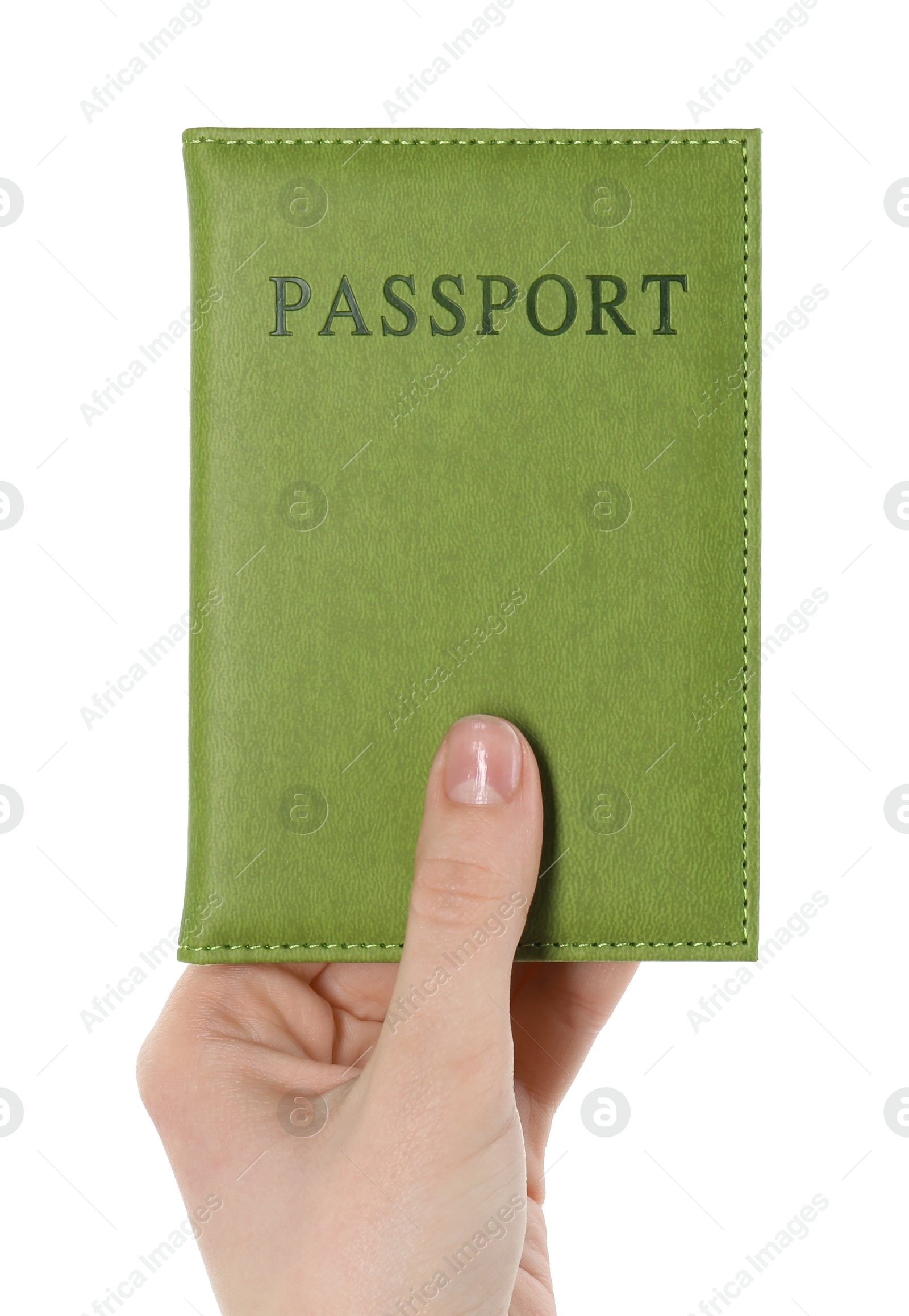 Photo of Woman holding passport in green cover on white background, closeup