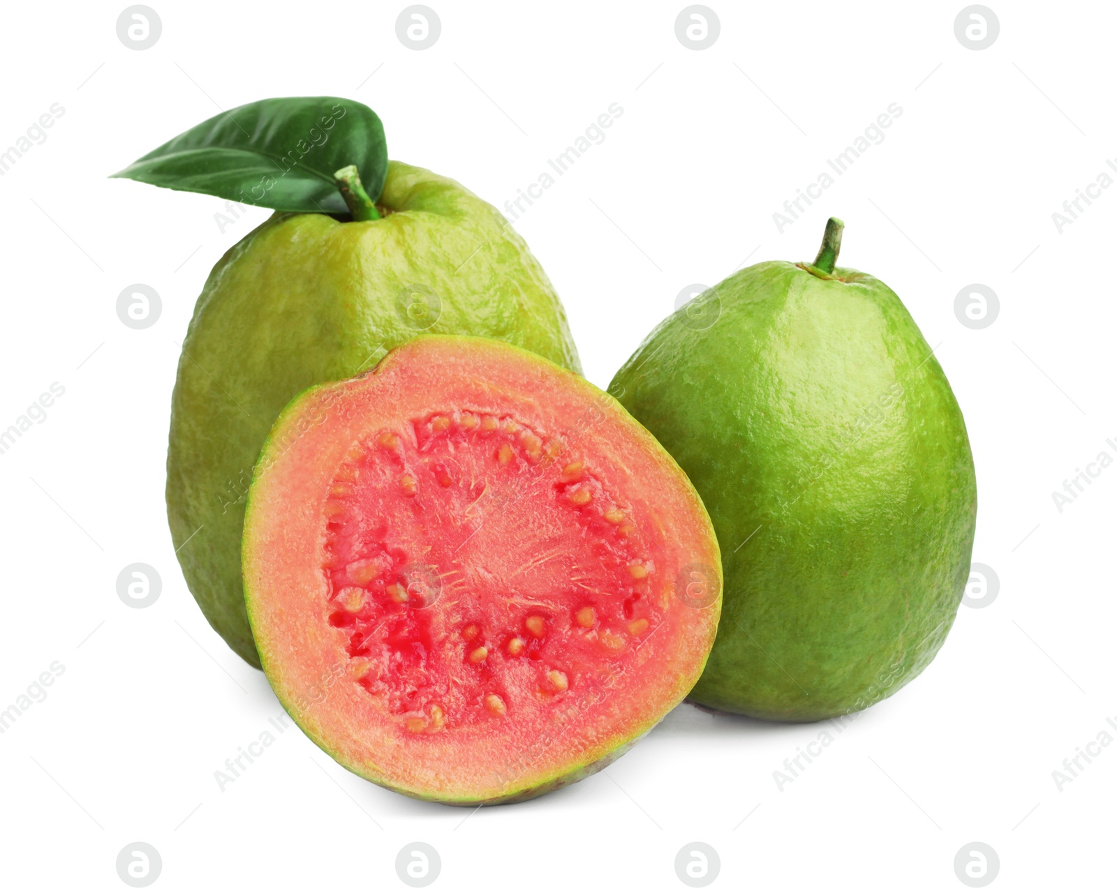 Photo of Fresh whole and cut guava fruits isolated on white