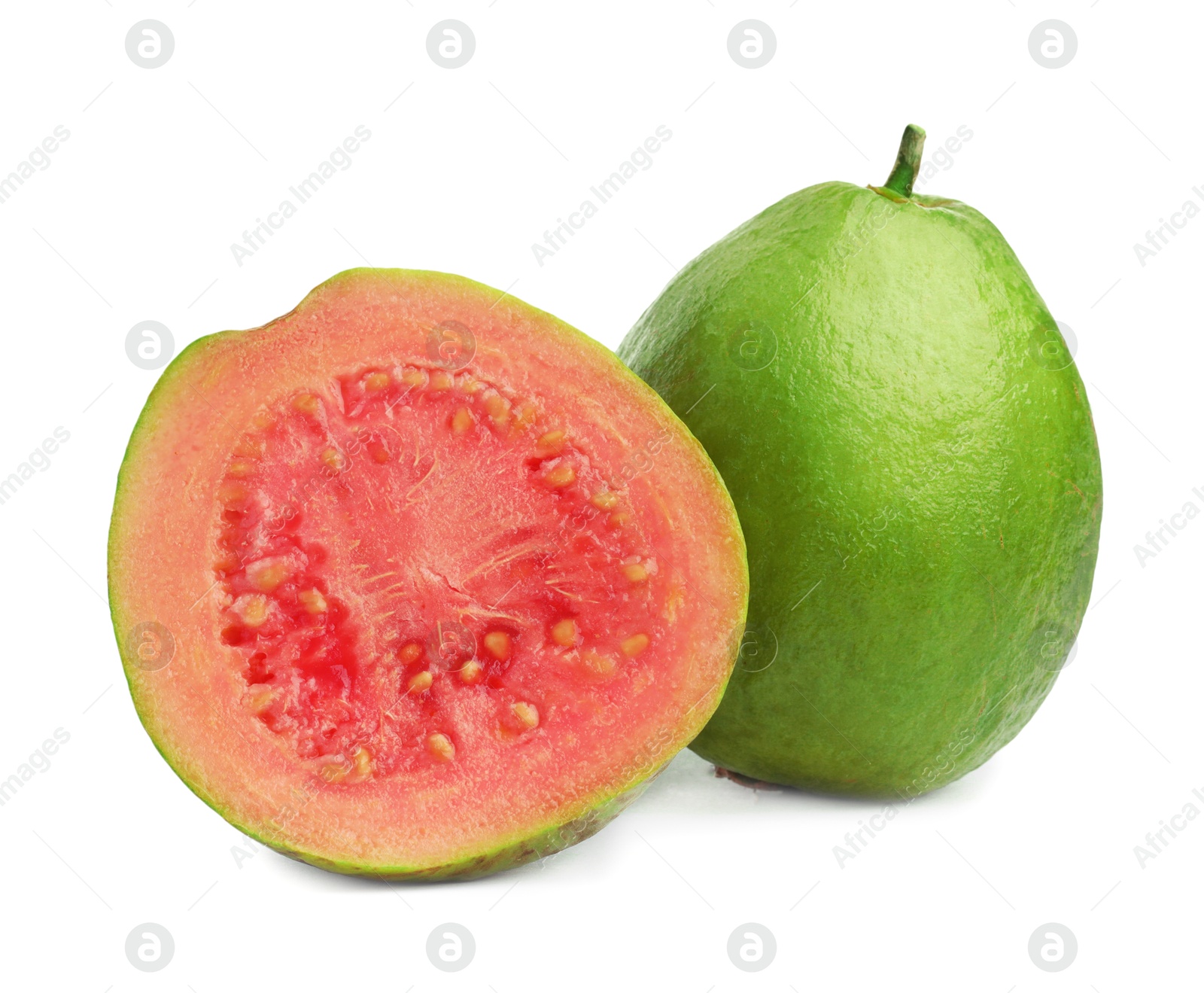 Photo of Fresh whole and cut guava fruits isolated on white