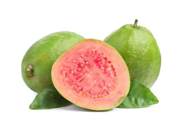 Photo of Fresh whole and cut guava fruits isolated on white