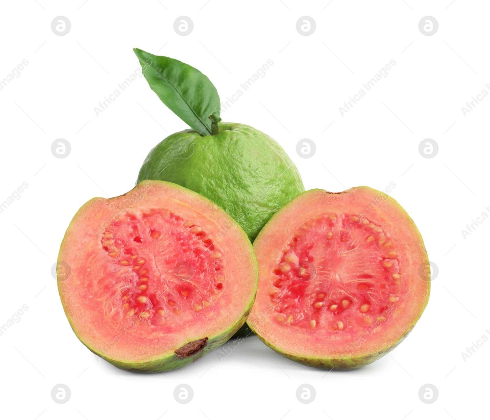 Photo of Fresh whole and cut guava fruits isolated on white