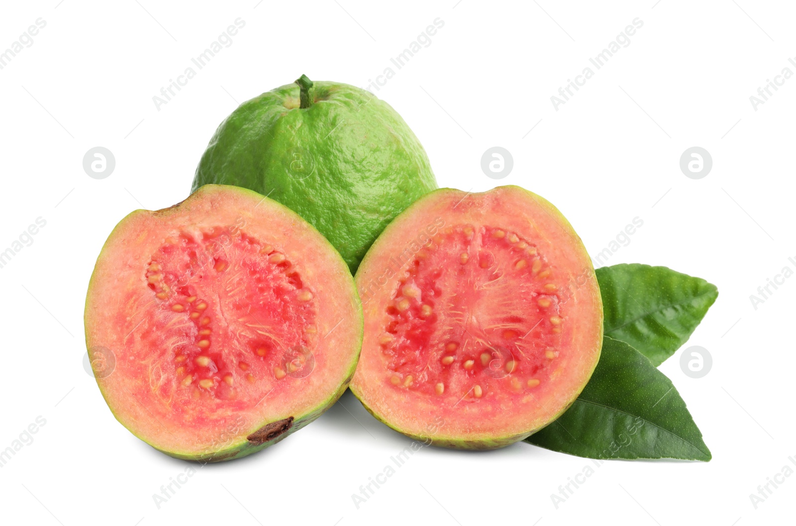 Photo of Fresh whole and cut guava fruits isolated on white