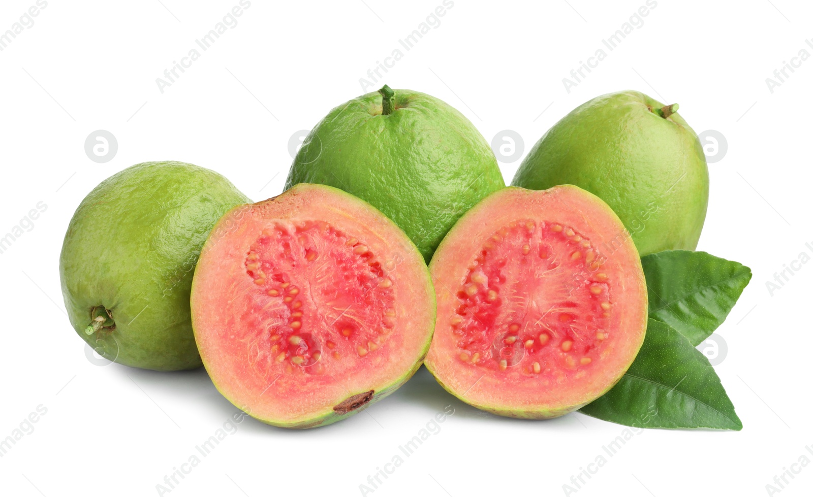 Photo of Fresh whole and cut guava fruits isolated on white