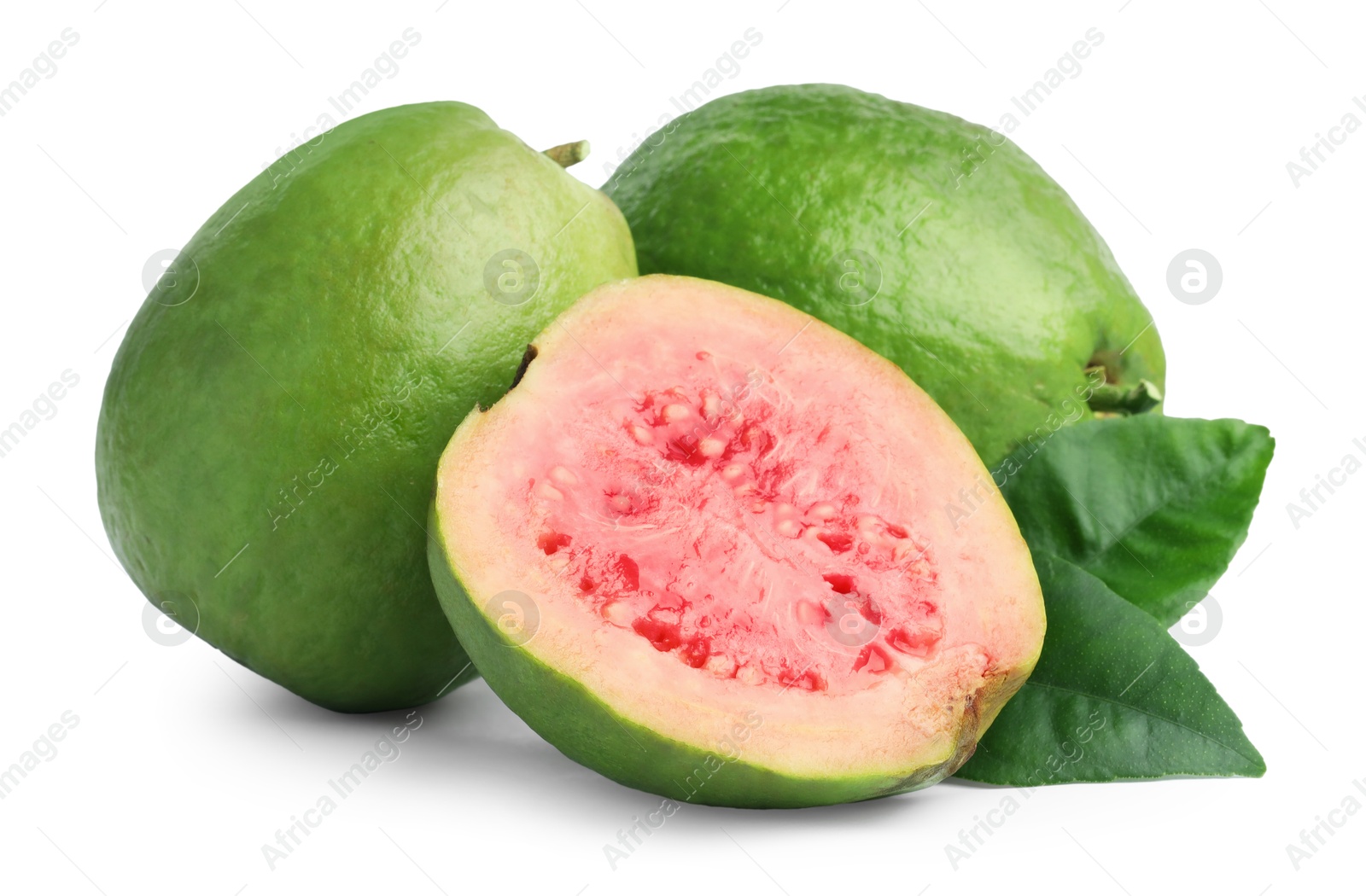 Photo of Fresh whole and cut guava fruits isolated on white