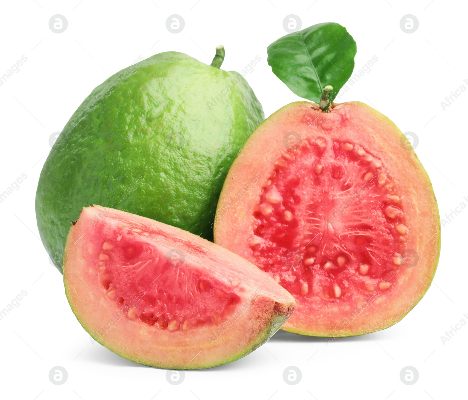 Photo of Fresh whole and cut guava fruits isolated on white