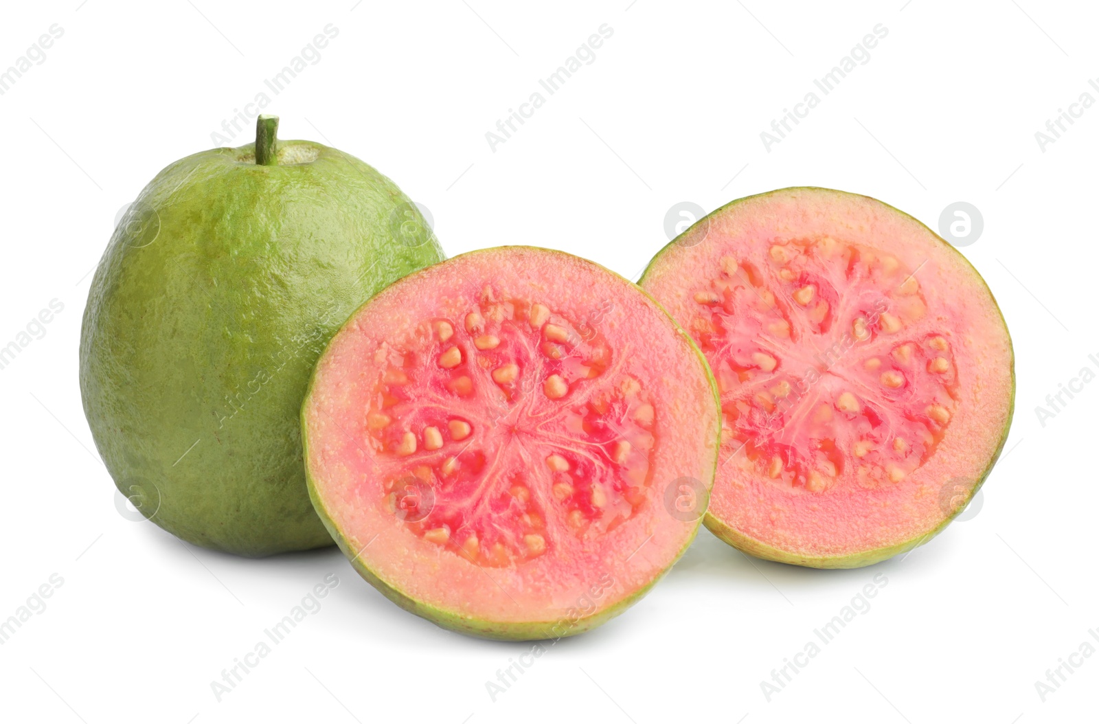 Photo of Fresh whole and cut guava fruits isolated on white