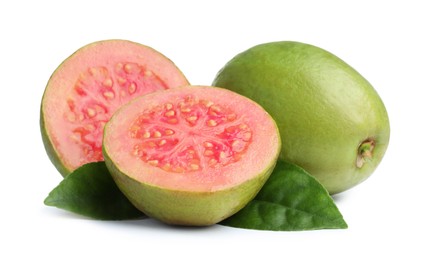 Photo of Fresh whole and cut guava fruits with leaves isolated on white