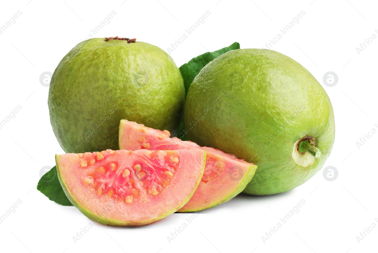 Photo of Fresh whole and cut guava fruits isolated on white